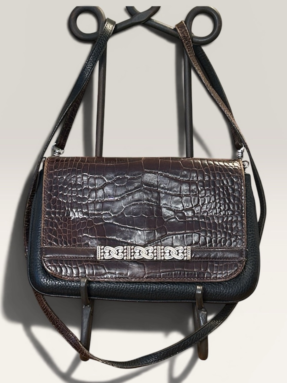 Vintage Brighton Brown Black Croc-Embossed Crossbody Bag with Silver Accent